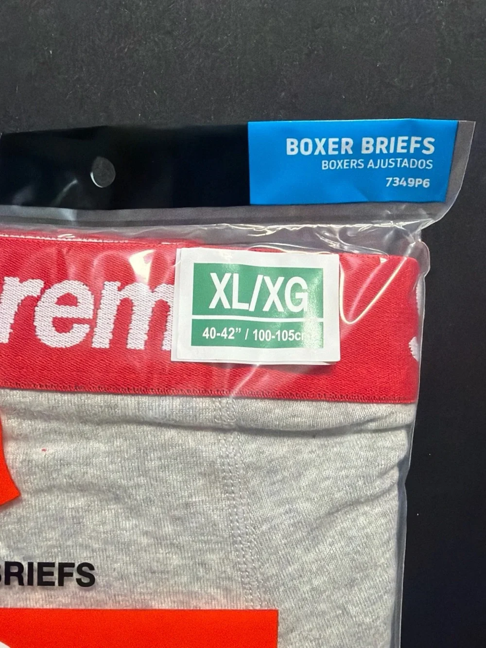 Hanes x Supreme Men’s Gray Boxer Briefs with Red Waistband (2-Pack) XL
